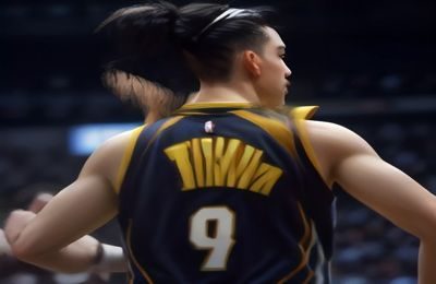 NBA总决赛赛场特写，球员跳投瞬间定格，篮球场灯光聚焦专业氛围感十足